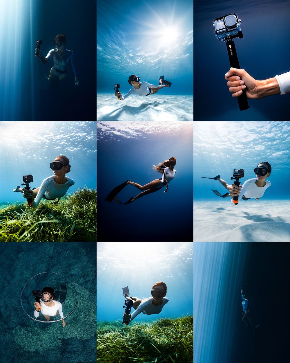 Collage of underwater photography scenes featuring divers with action cameras in crystal clear blue ocean water.