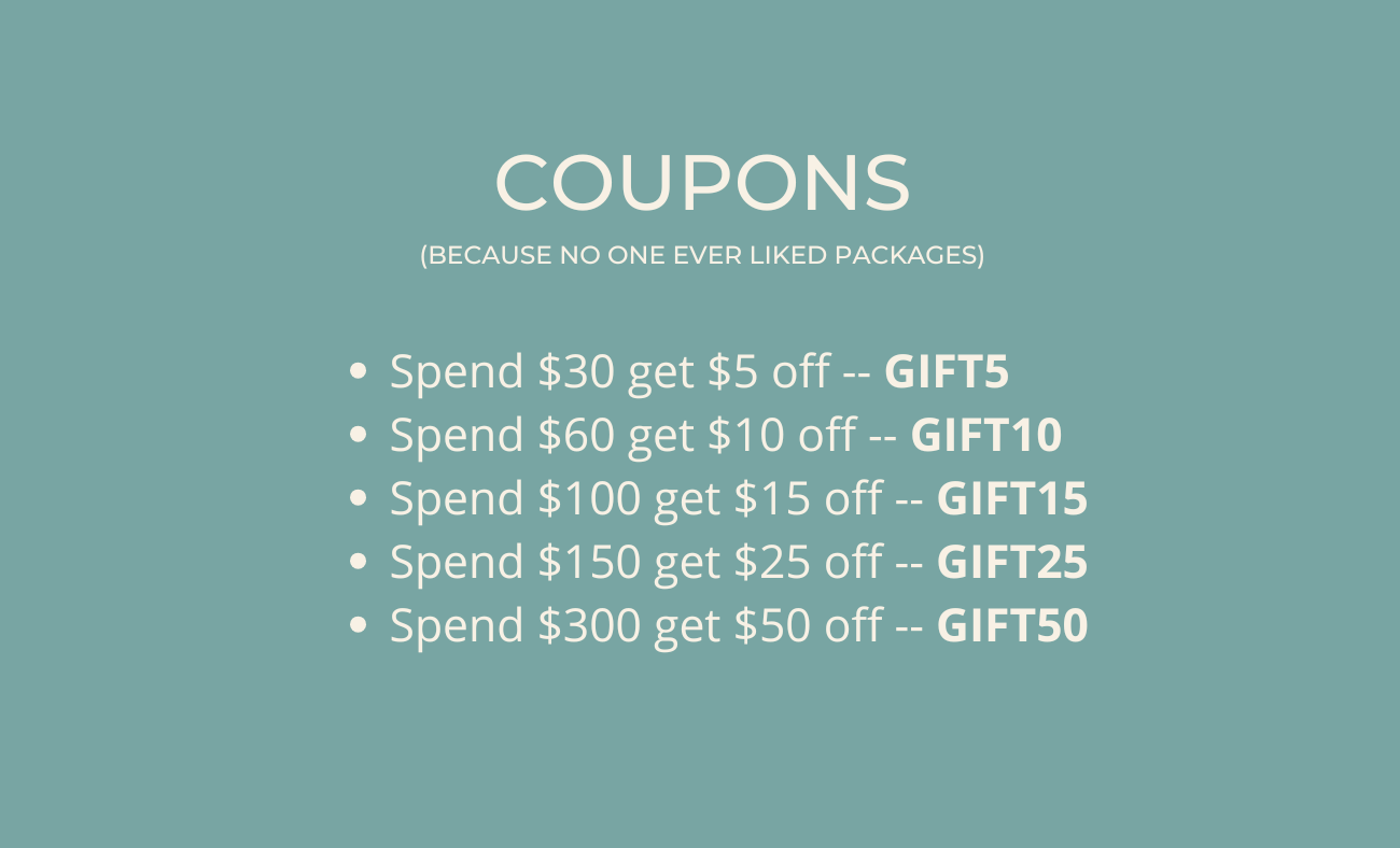 Teal promotional banner displaying tiered discount coupon codes.