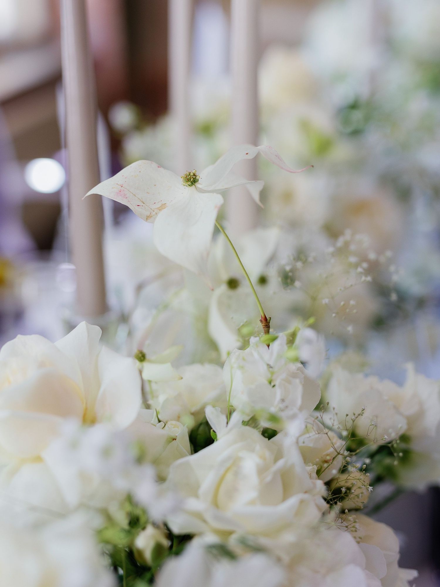 Delicate white flowers including roses and dogwood blooms arranged in an elegant wedding centerpiece with soft bokeh background.