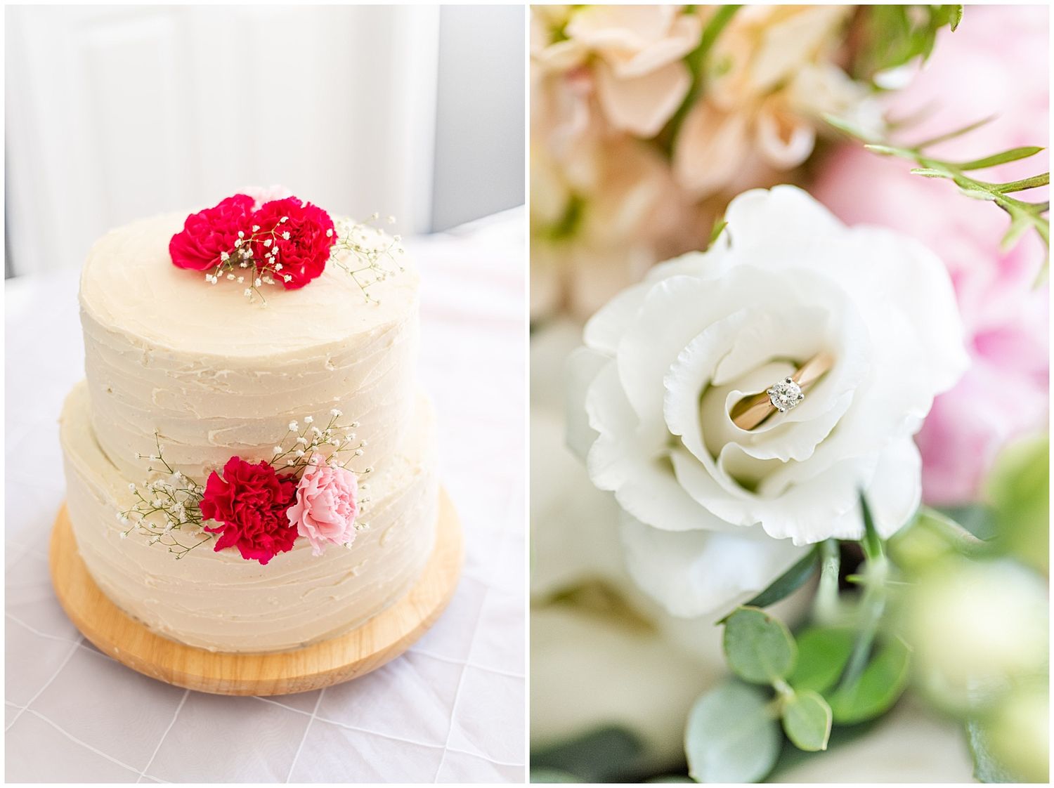 Elegant white wedding cake with red and pink flowers on wood stand beside a white rose holding gold wedding rings.