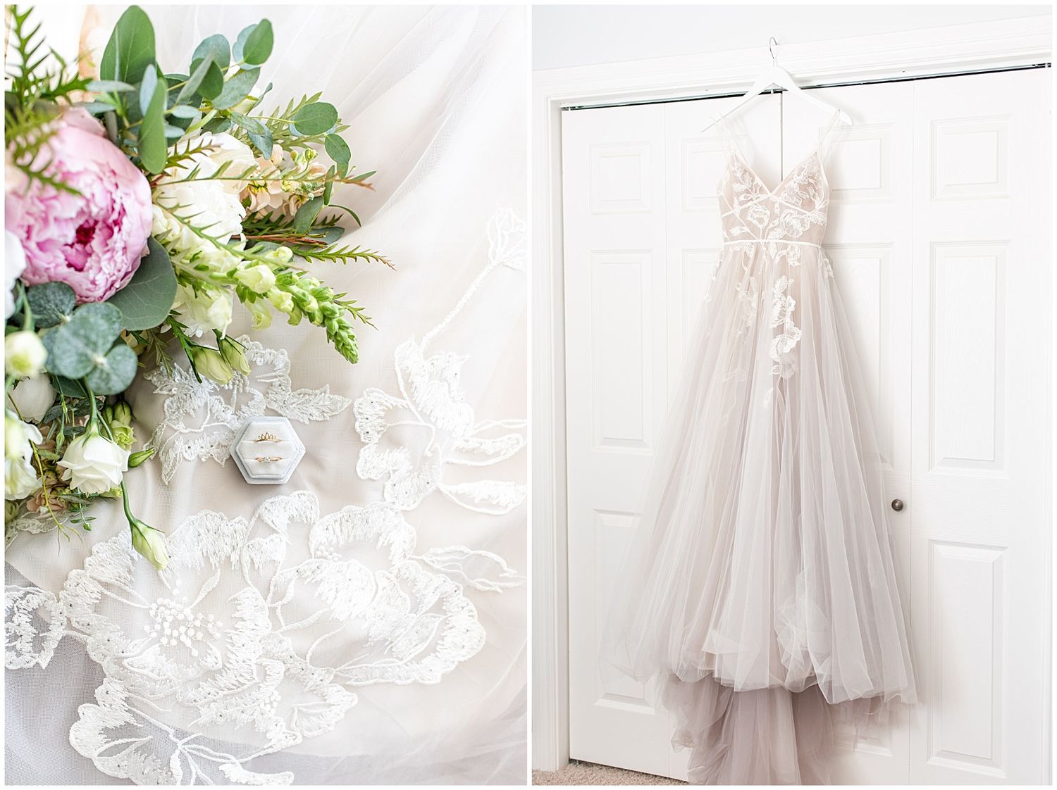 Bridal bouquet with pink peonies beside lace wedding dress details, and a flowy gray tulle flower girl dress hanging on a door.
