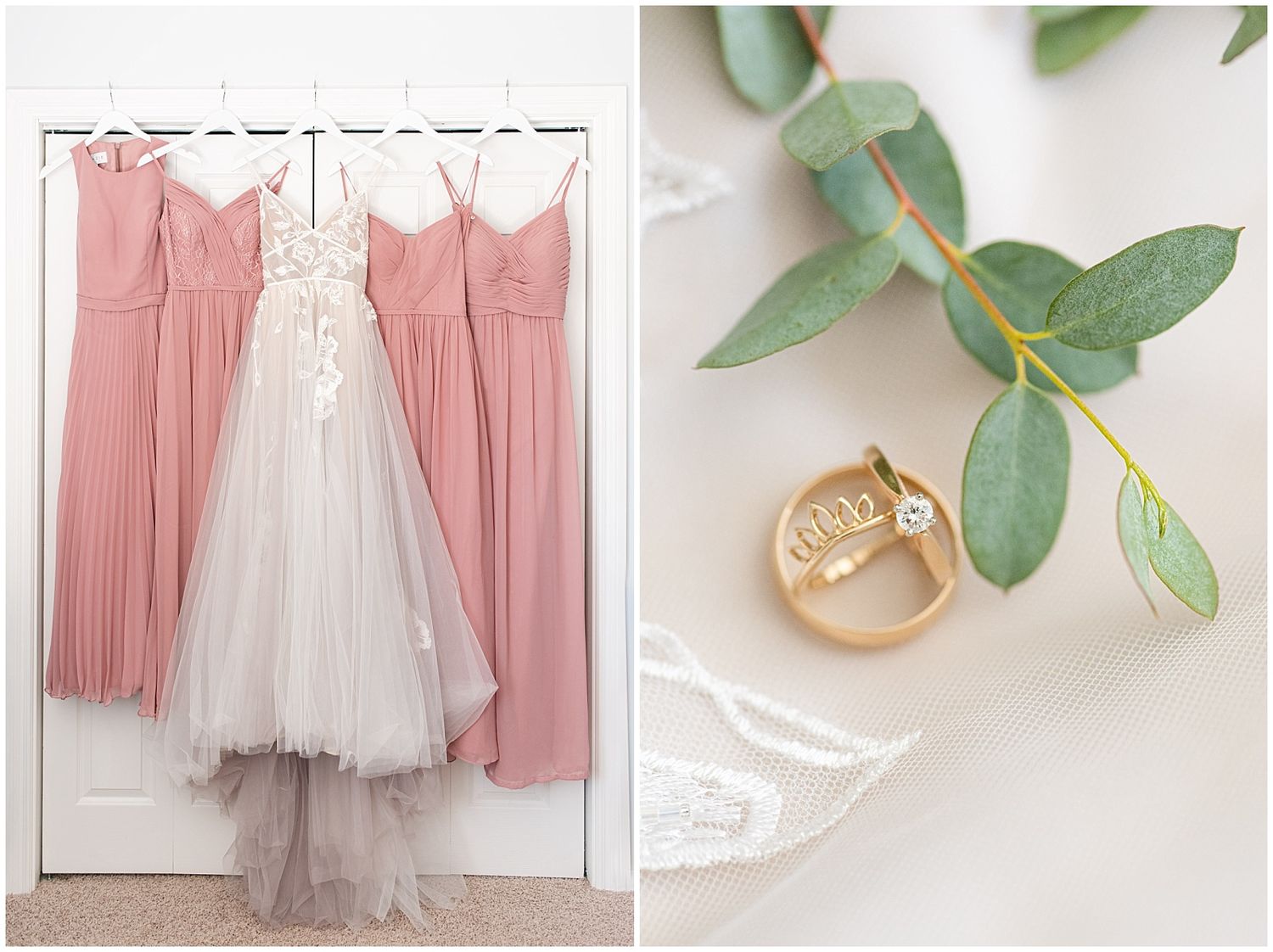 Wedding dress and pink bridesmaid gowns hanging on a door beside a gold engagement ring with eucalyptus greenery.
