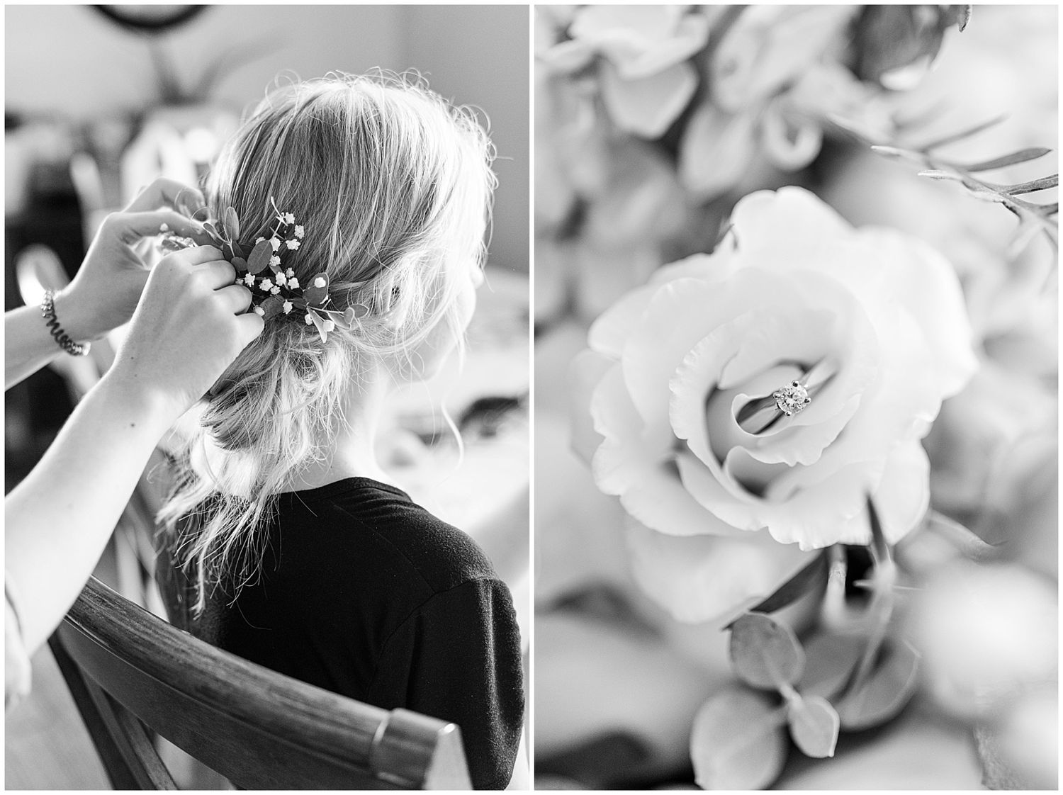 Black and white wedding photo diptych showing bride hair styling with floral pins and rings displayed in a white rose.