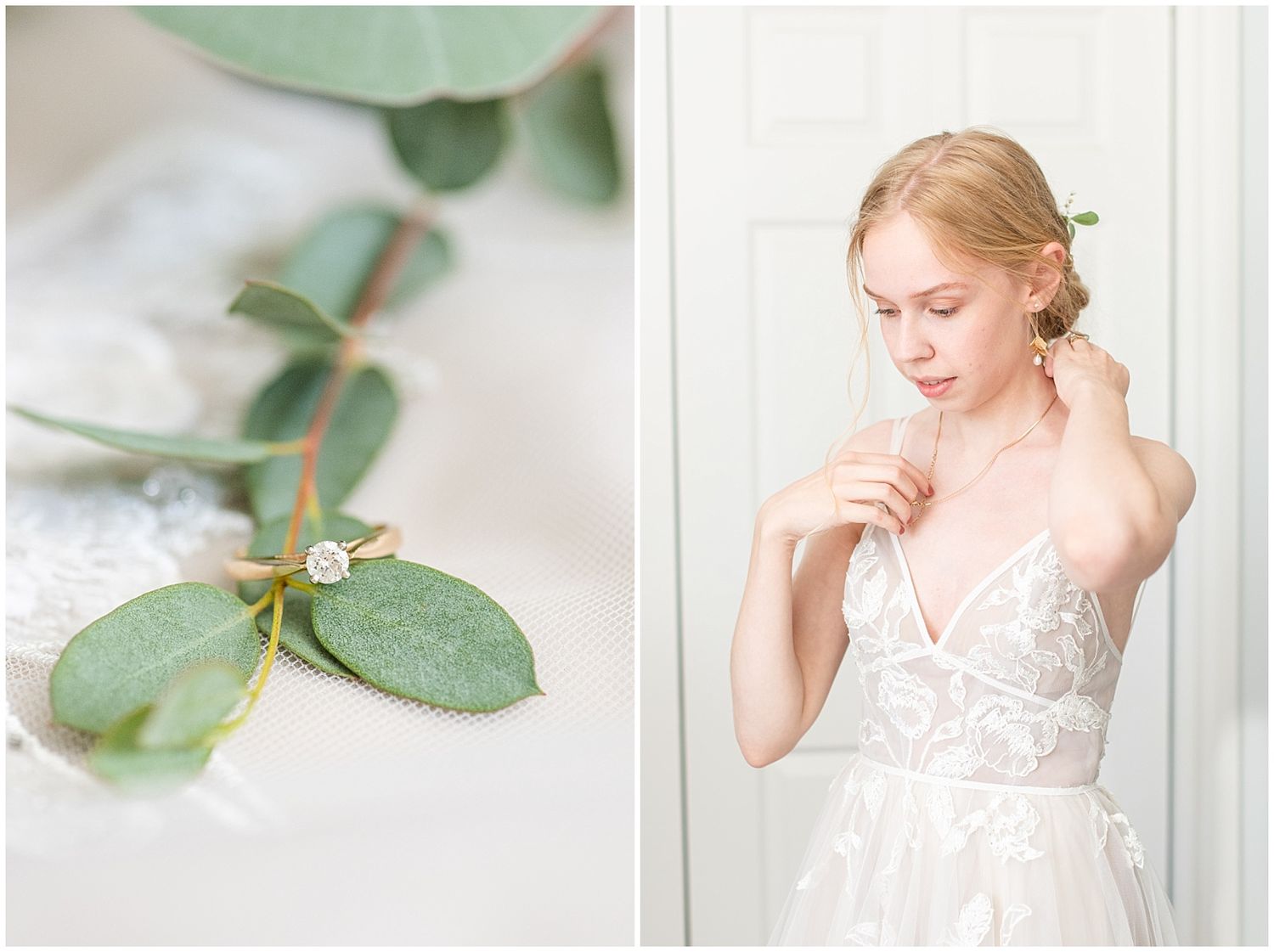 Elegant wedding ring resting on eucalyptus leaves beside a blonde bride in a lace gown adjusting her earring.