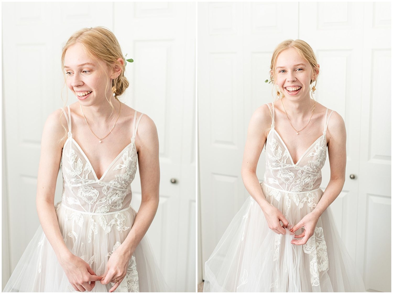 Smiling bride in a lace spaghetti strap wedding gown standing in front of white doors.