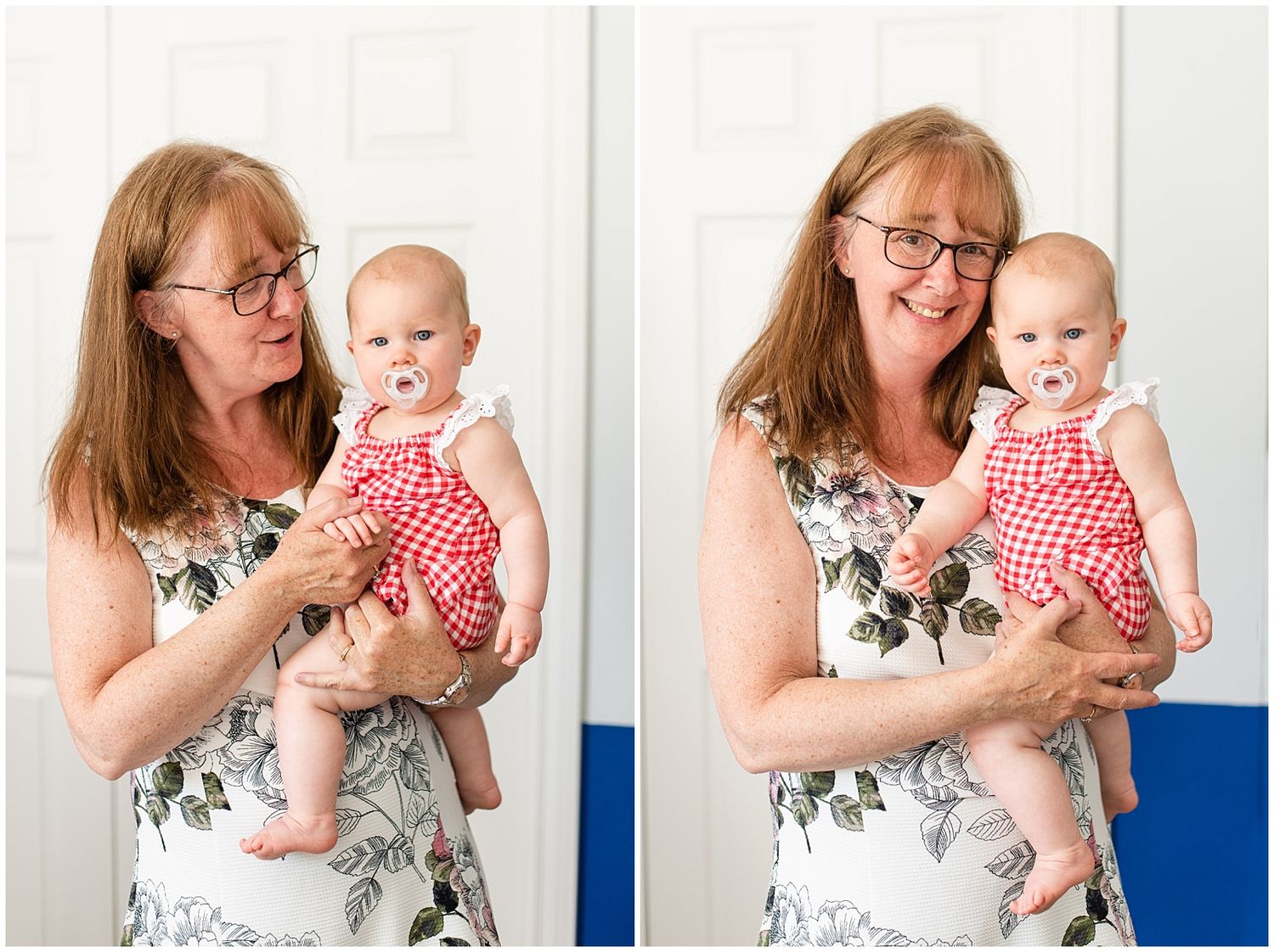 Grandmother holding a smiling baby in a red gingham outfit during a family portrait session.