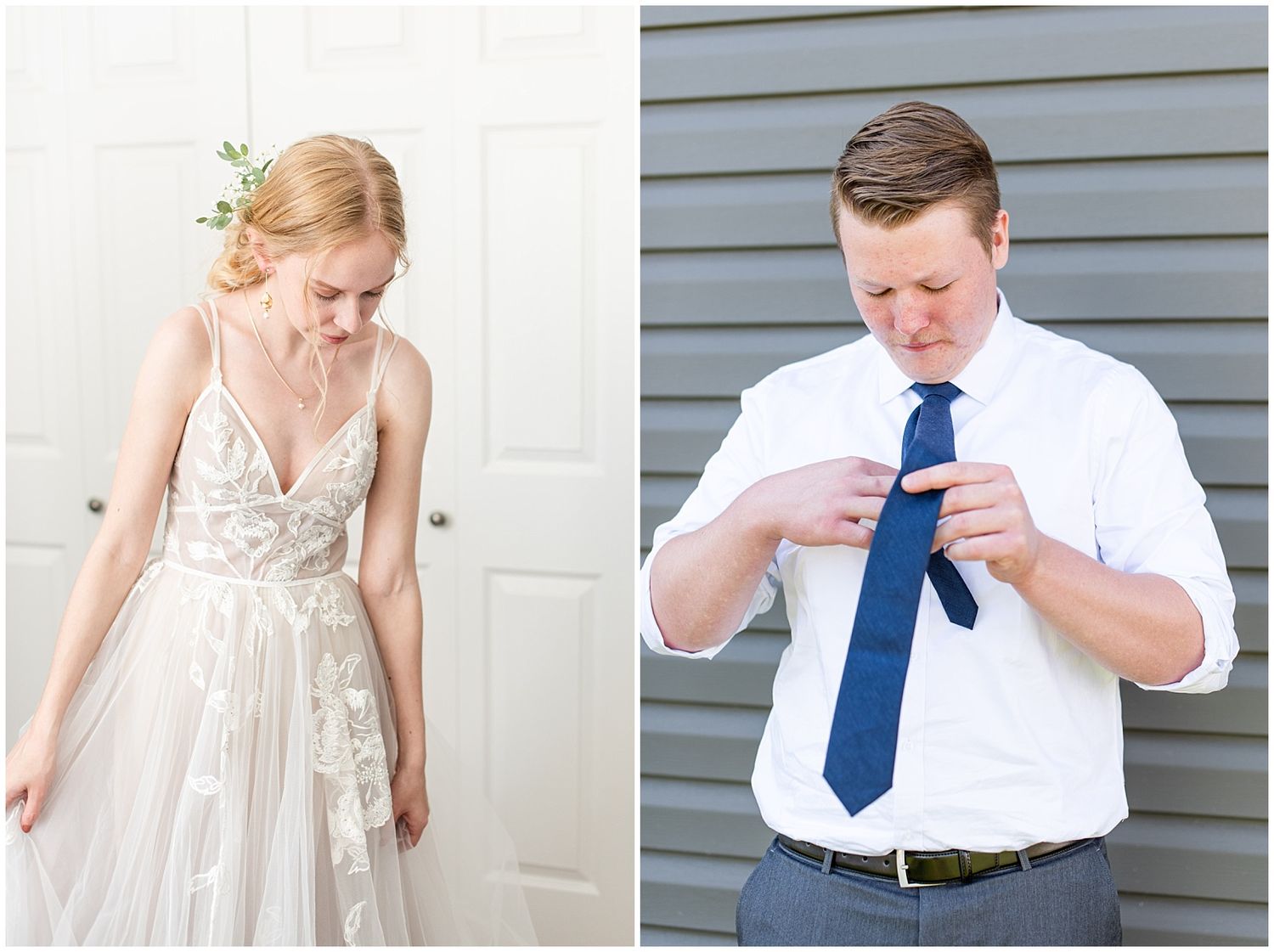 Side-by-side of bride in lace gown and groom adjusting navy blue tie in white shirt on wedding day.