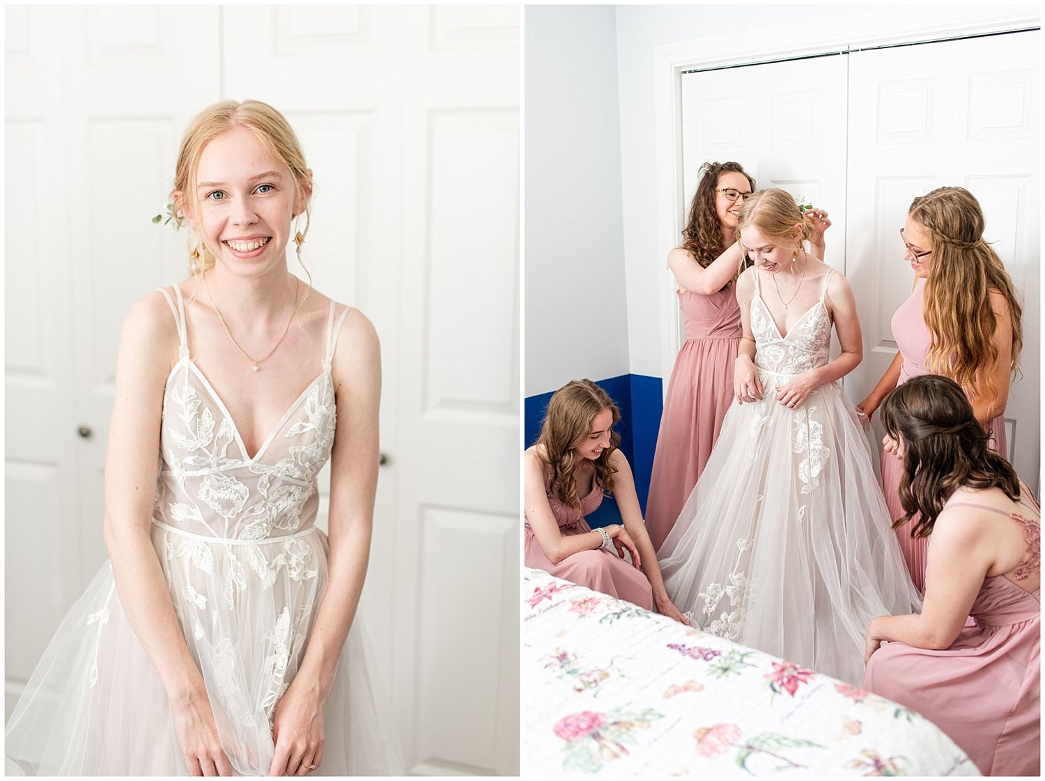 Smiling bride in a floral lace wedding gown being helped by bridesmaids in pink dresses during bridal preparations.