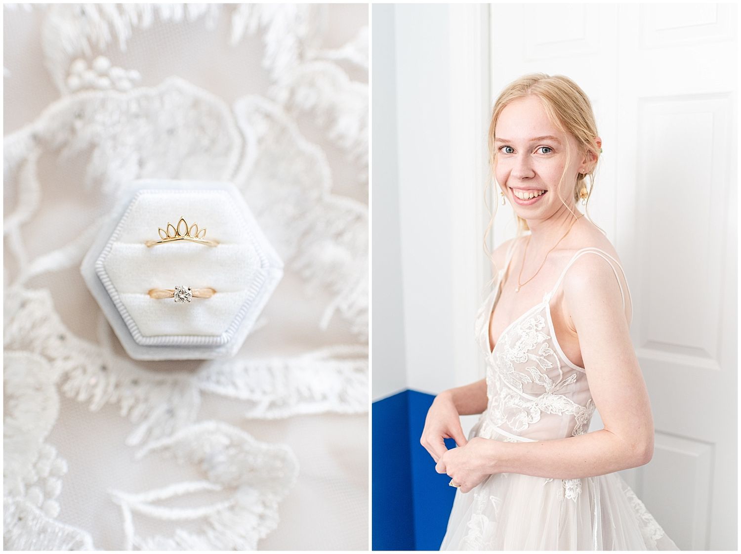 Bride smiling in lace wedding gown beside a white velvet ring box with gold crown and diamond rings.