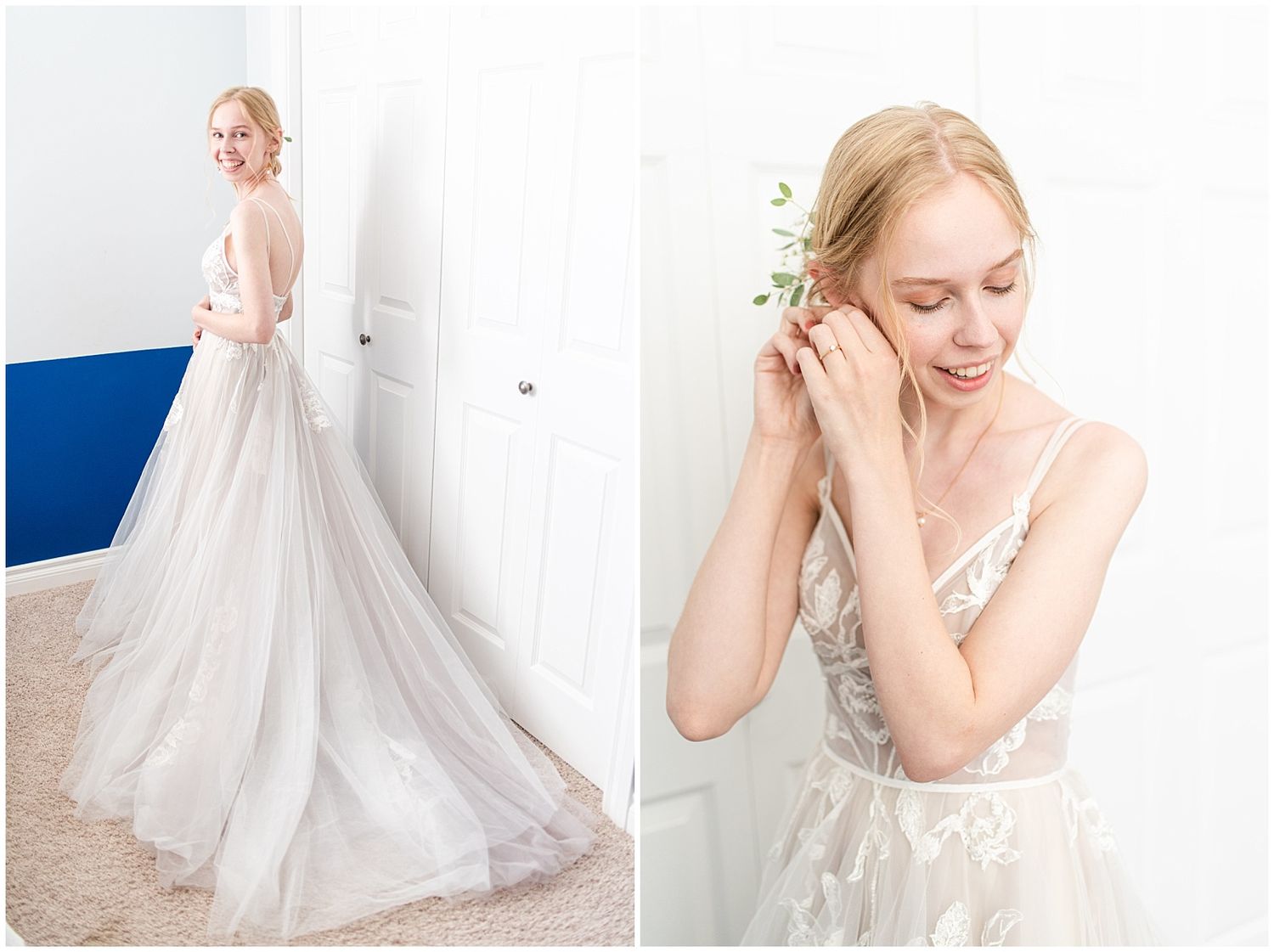Elegant bride in a backless floral tulle wedding gown posing with greenery in a bright white room.