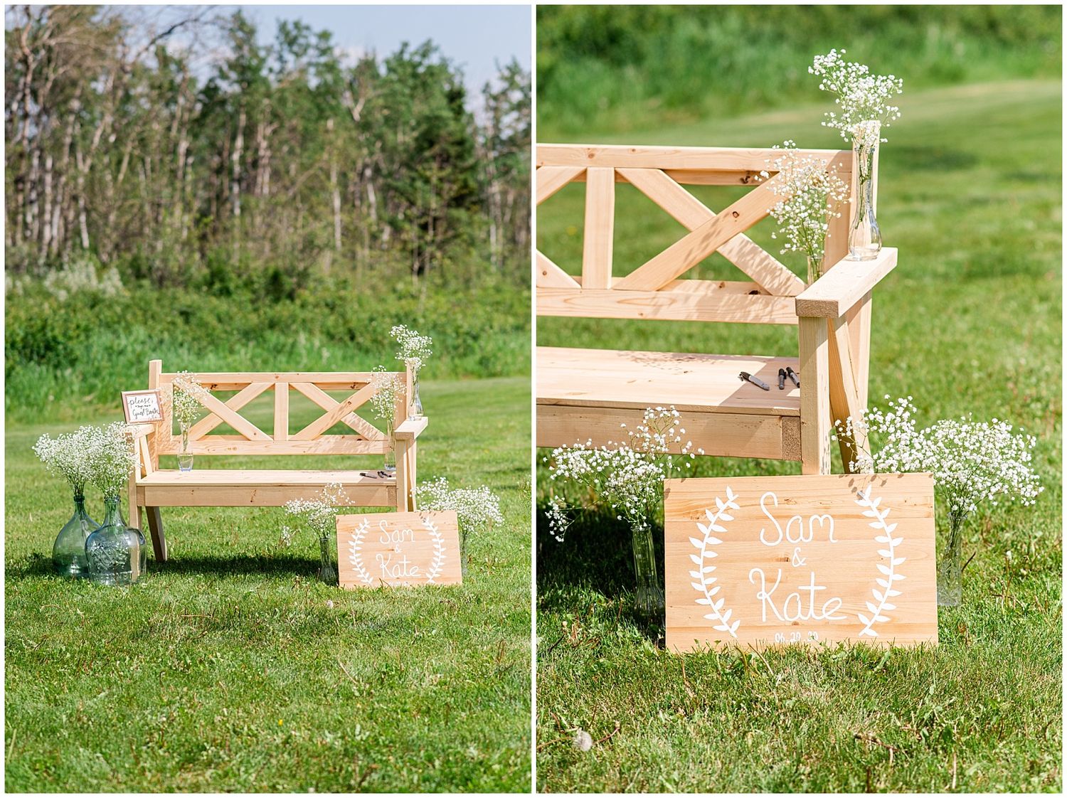 Rustic wooden benches and a decorative sign displayed on a lush green lawn at an outdoor wedding ceremony.