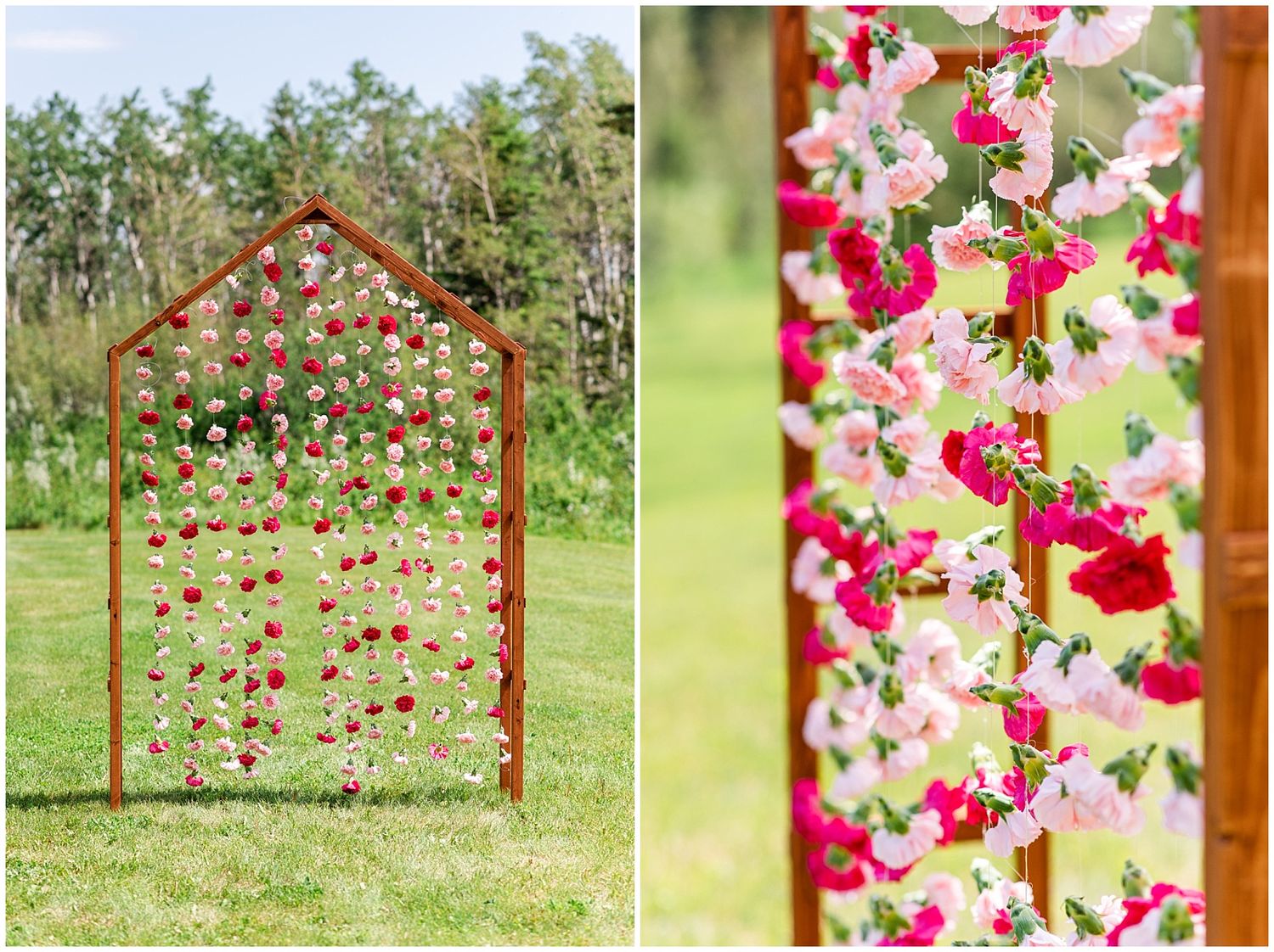 Rustic wooden arch decorated with cascading pink and red floral garlands outdoors at a garden wedding.