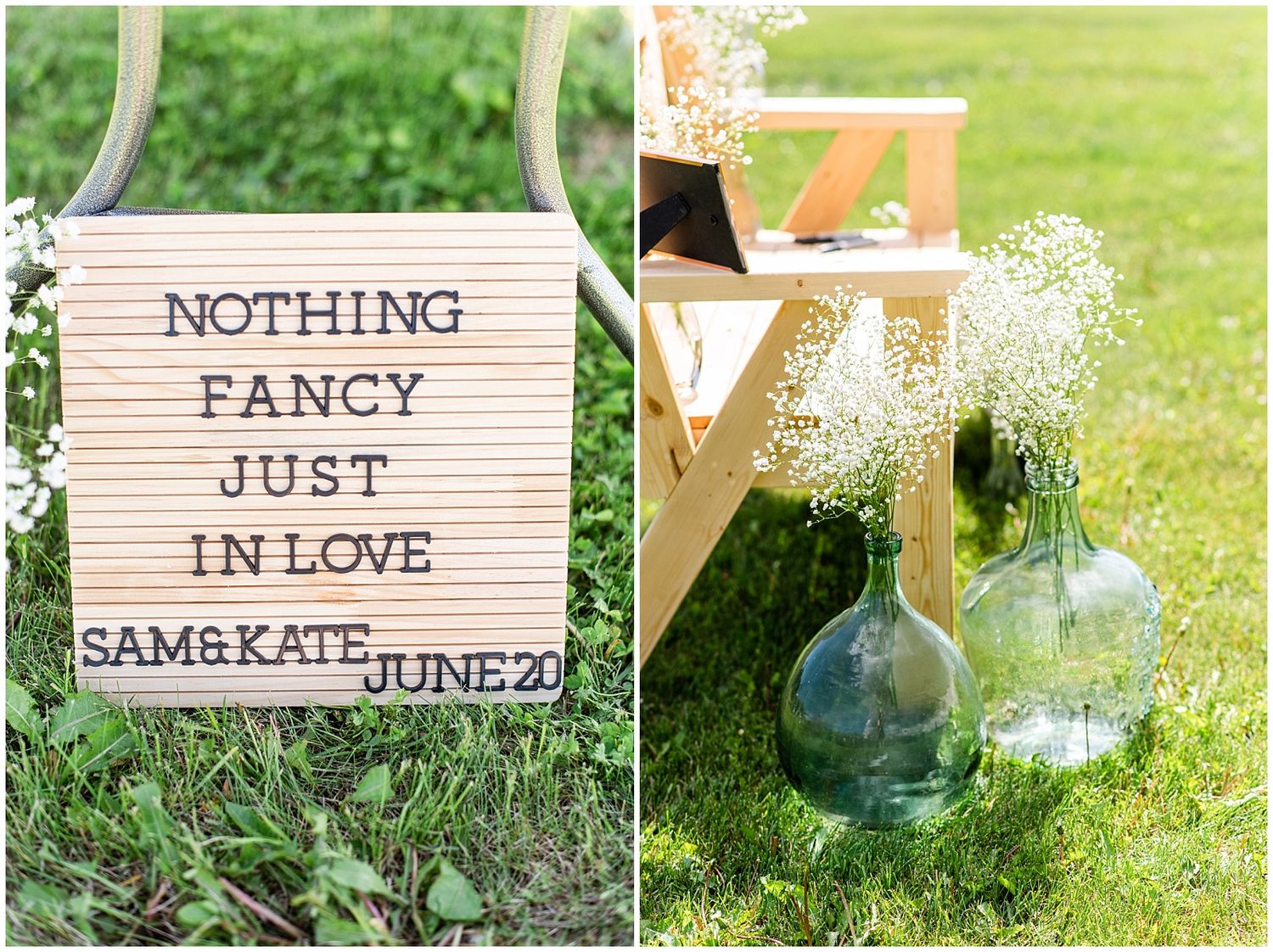 Letterboard sign reading Nothing Fancy Just In Love SAM and KATE June 20 beside glass vases with baby's breath.