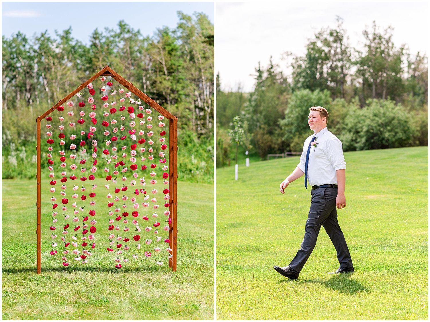 Groom in white shirt and blue tie walking past a wooden floral wall installation at an outdoor wedding.