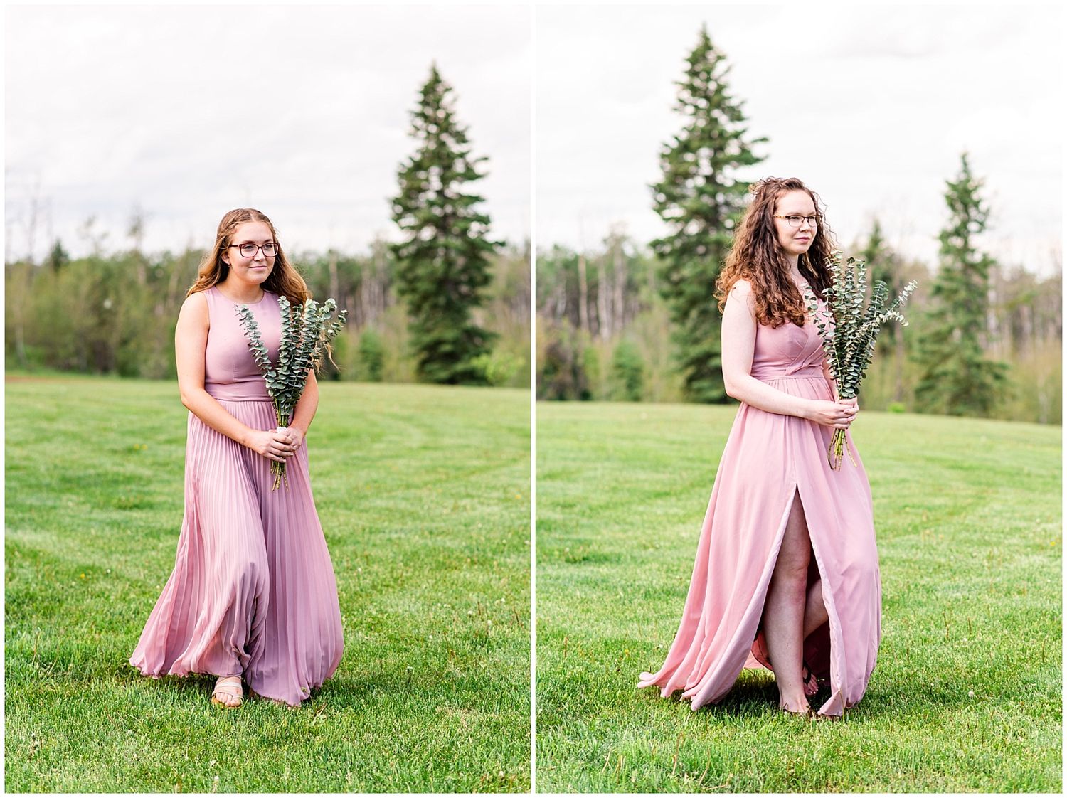 Bridesmaid in a dusty pink maxi dress holding lavender flowers while walking across a green lawn.