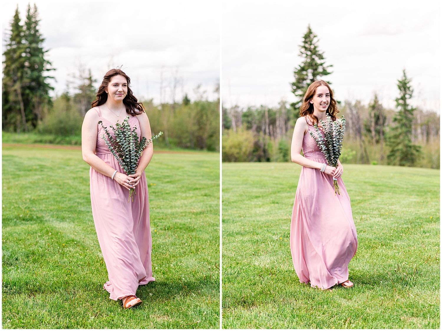 Bridesmaid in pink maxi dress walking across green lawn holding wildflower bouquet at outdoor wedding.