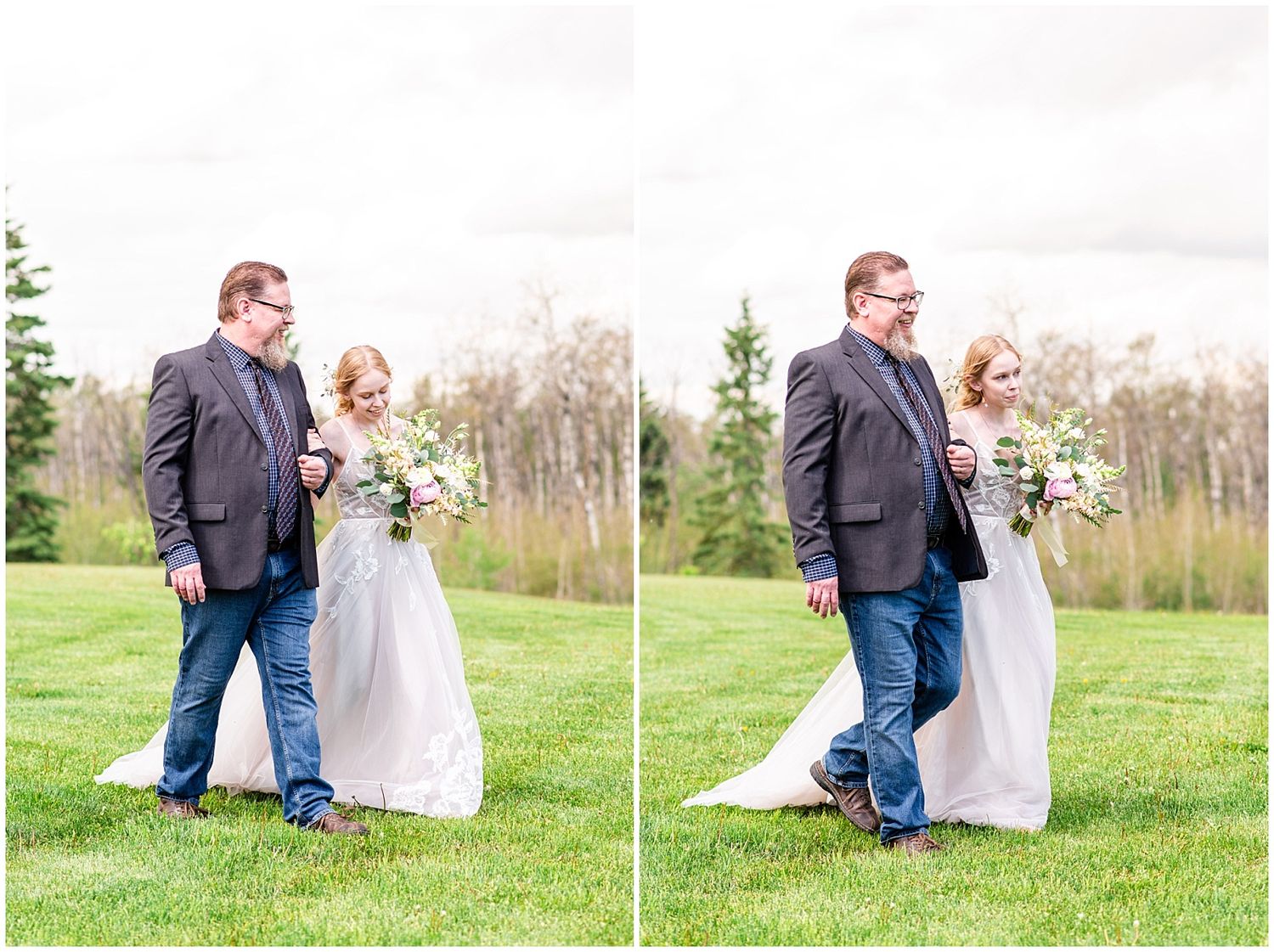 Bride holding a bouquet being walked down the aisle by her father across a green lawn at an outdoor wedding.