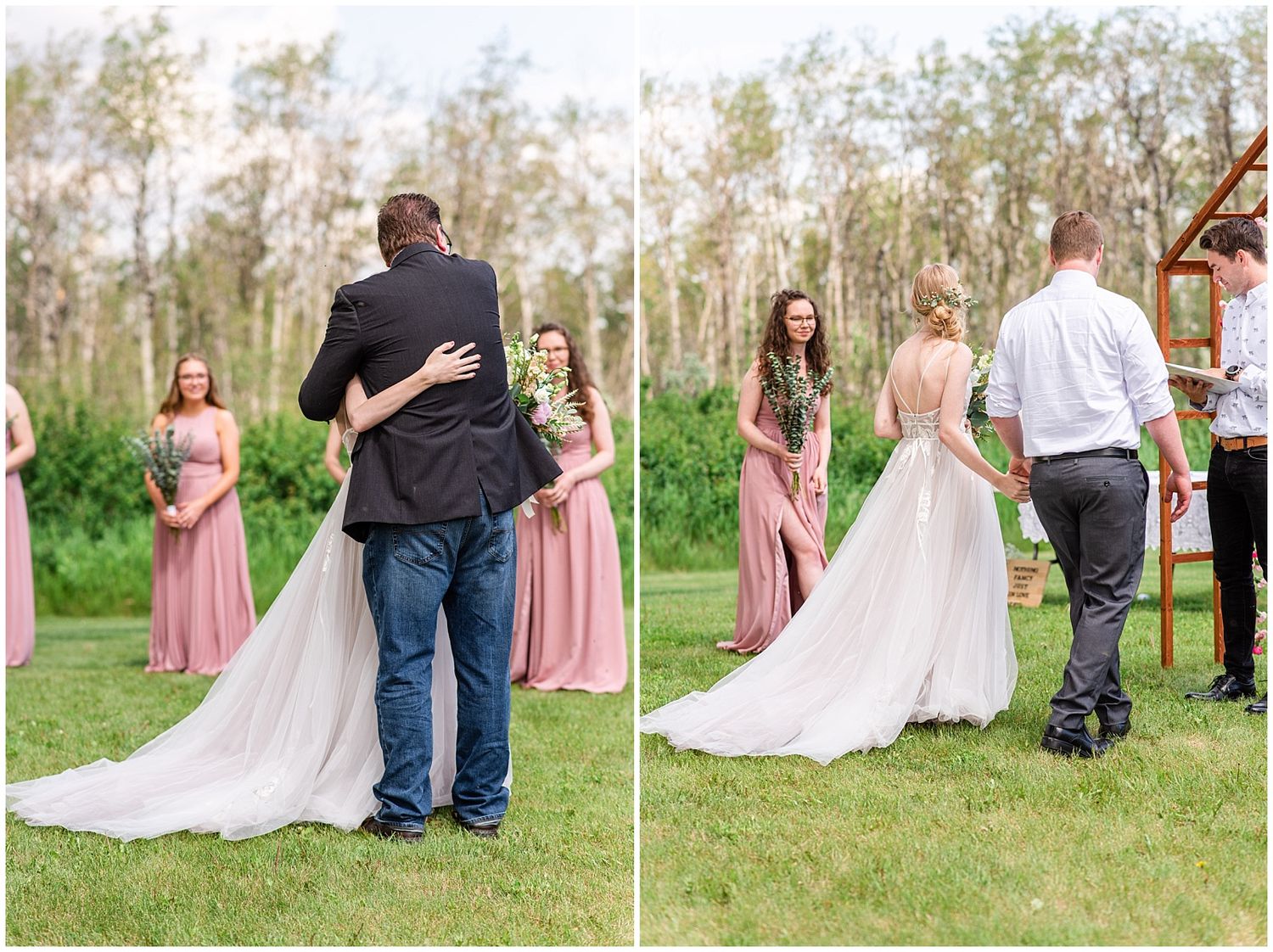 Bride and groom sharing a first look embrace at an outdoor garden wedding ceremony with bridesmaids nearby.