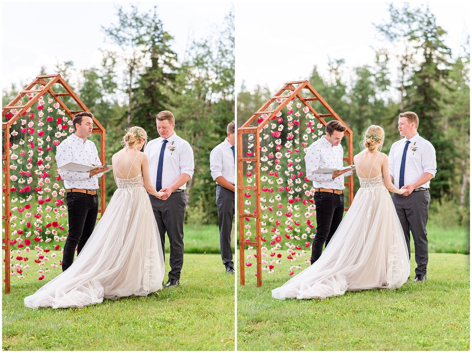 Bride and groom exchange vows at wooden floral arch during outdoor wedding ceremony.