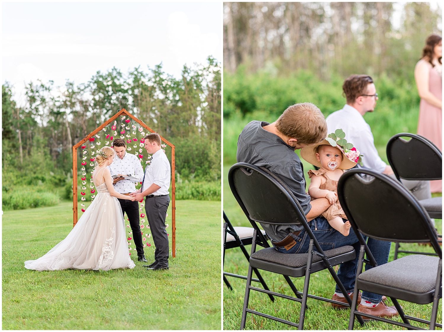 Couple exchanges vows under floral arch at intimate outdoor wedding ceremony on green lawn.