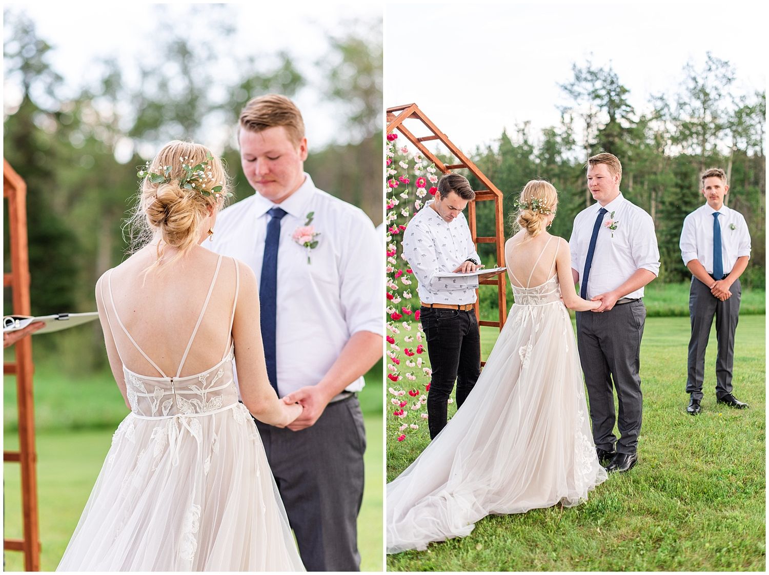 Bride and groom holding hands at outdoor ceremony with groomsmen standing beside floral wooden arch.