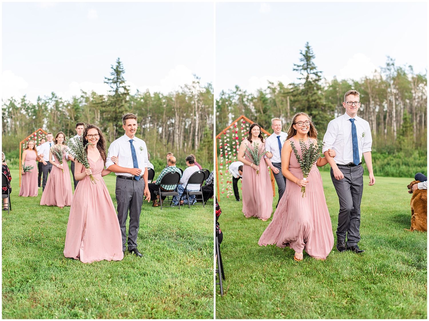Bridesmaid in pink dress and groomsman in navy tie walking together during outdoor wedding recessional.