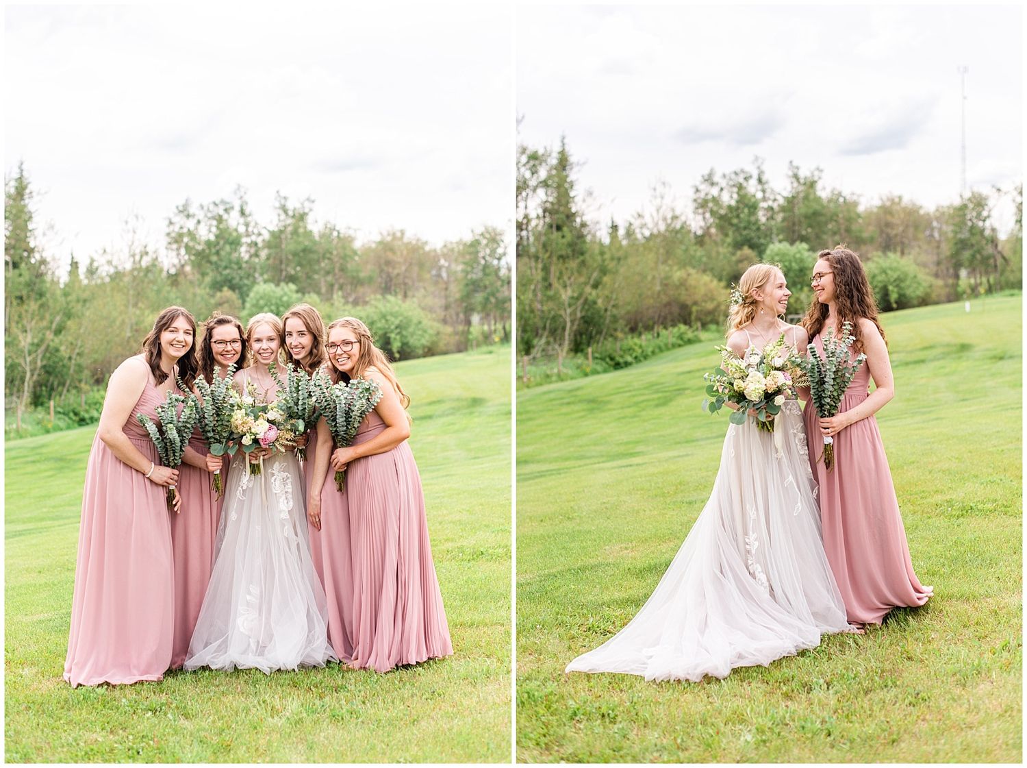 Bride poses with three bridesmaids in dusty rose gowns holding bouquets on a lush green lawn.