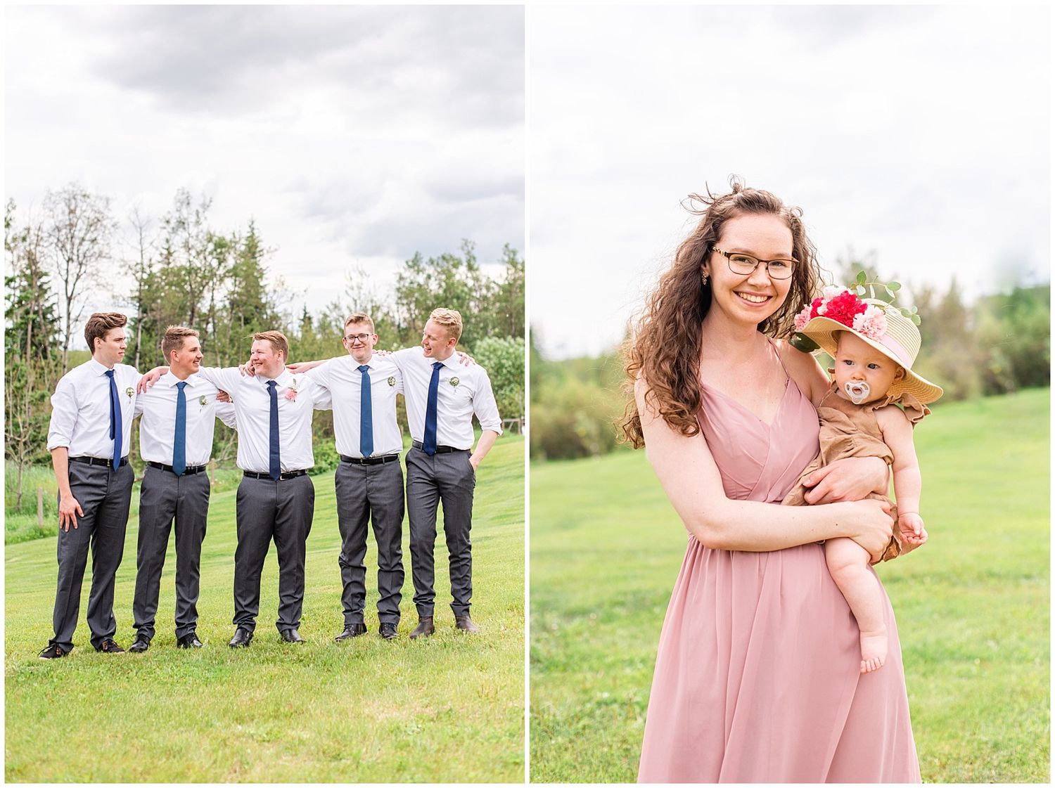 Groomsmen in white shirts and navy ties pose outdoors while woman in pink dress holds baby with floral hat.
