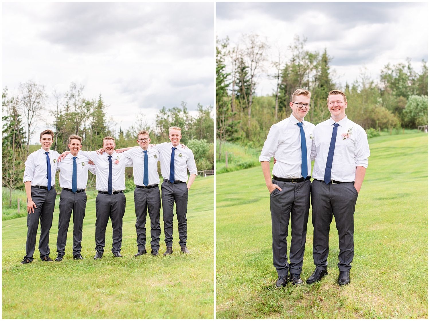 Groom poses with groomsmen in white shirts and navy ties on a green lawn with tall trees behind them.