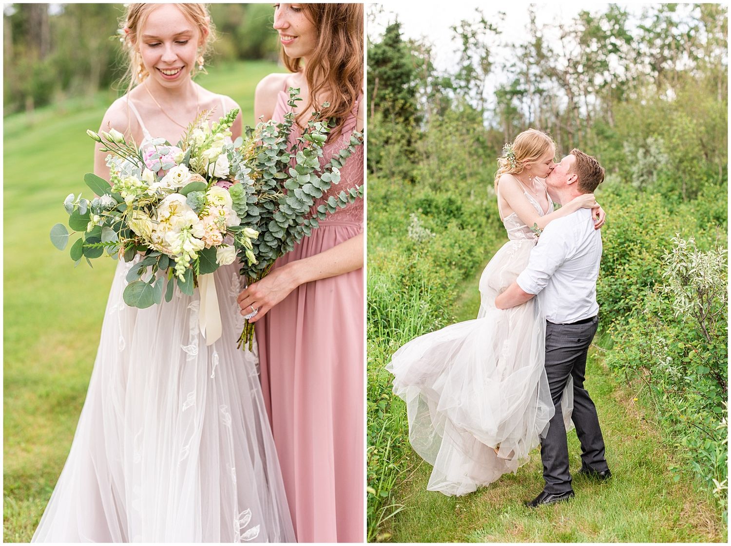 Bride holds bouquet of eucalyptus flowers as groom lifts her in lush garden setting.