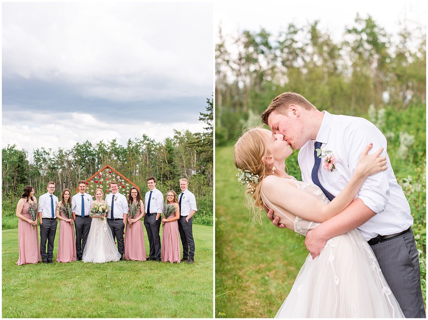 Wedding party poses in lush green field as bride and groom share romantic kiss in elegant outdoor ceremony.