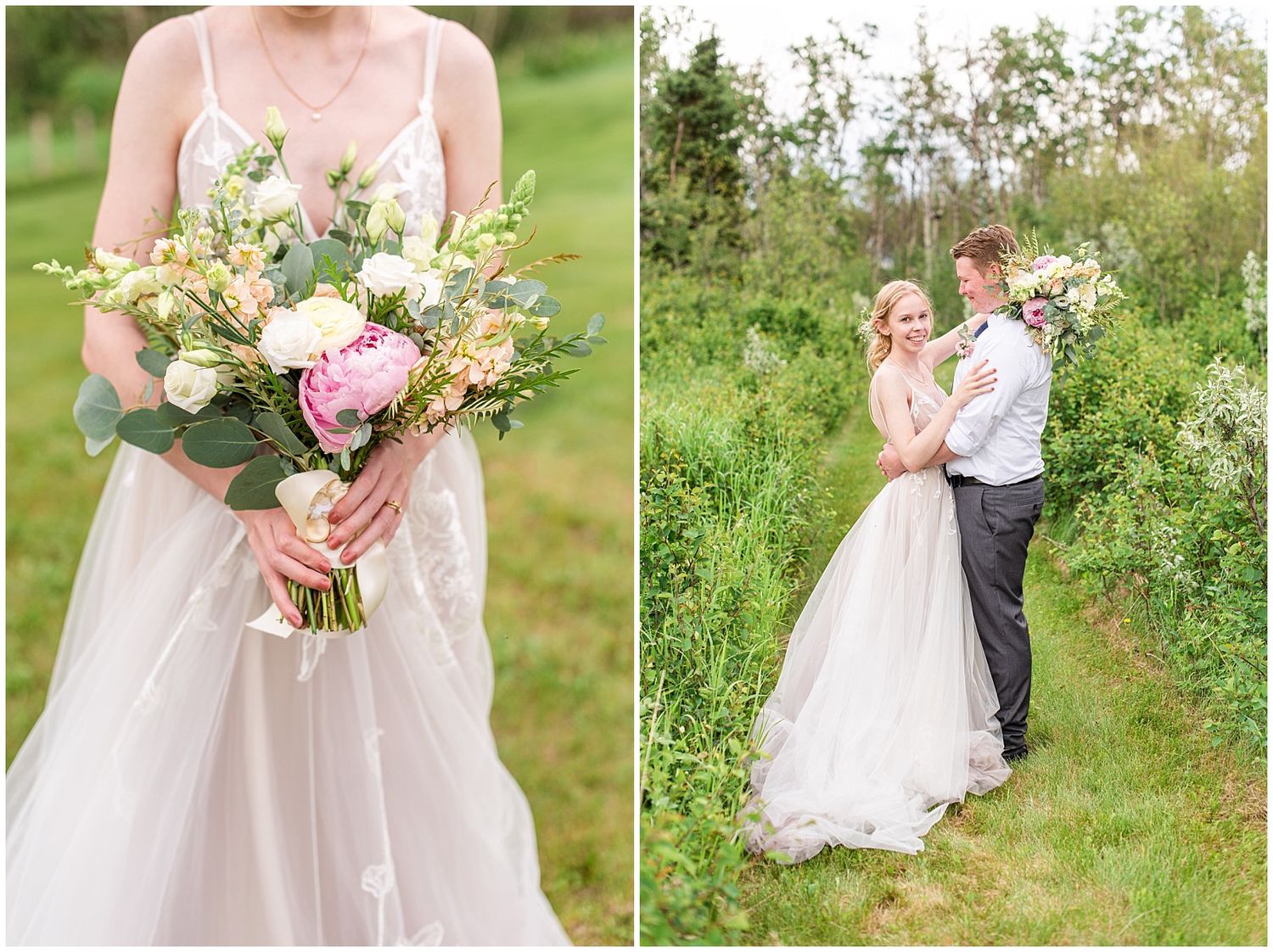 Bride in blush gown holds pink peony bouquet while couple embraces romantically in a green garden setting.