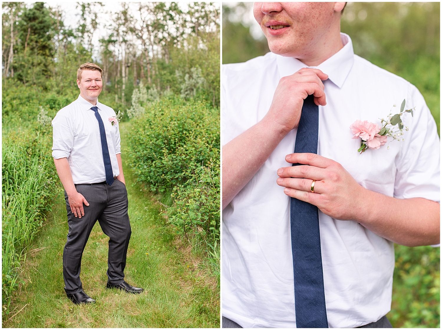 Groom in white shirt and navy tie adjusts his tie while wearing a pink floral boutonniere outdoors.