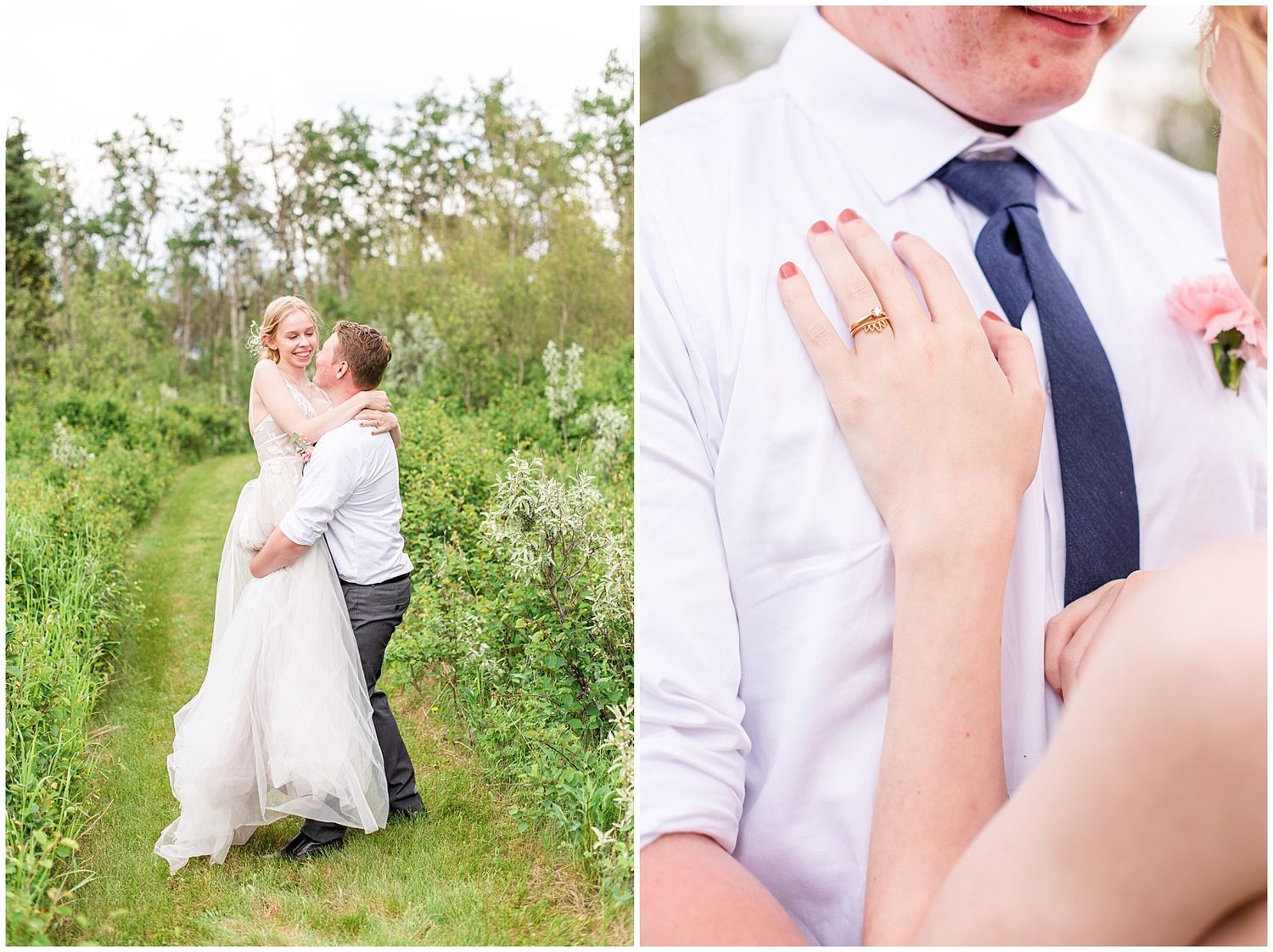 Bride and groom share a tender embrace outdoors, with a close-up detail of her gold wedding ring on his arm.