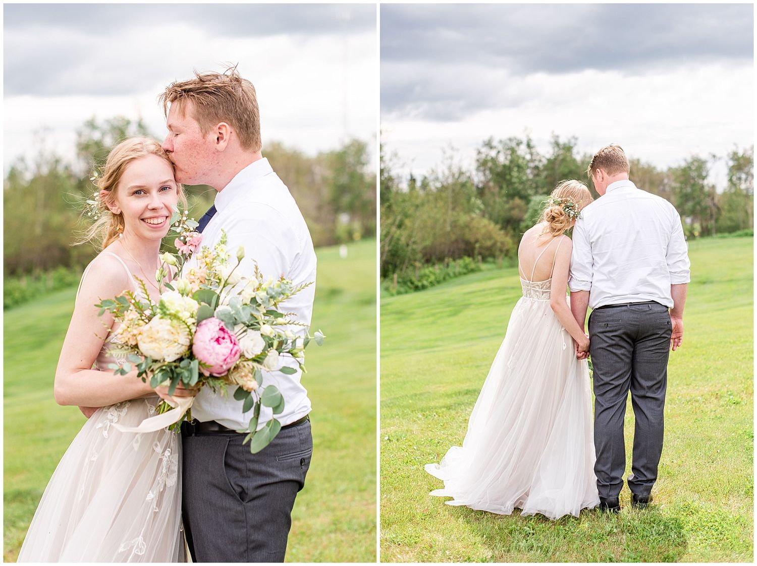 Bride smiles holding pink bouquet as groom kisses her cheek, with a back-view portrait on green lawn.