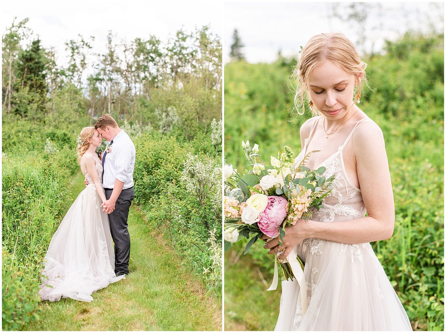 Bride and groom share a romantic kiss surrounded by lush greenery, bride holds a pink bouquet.