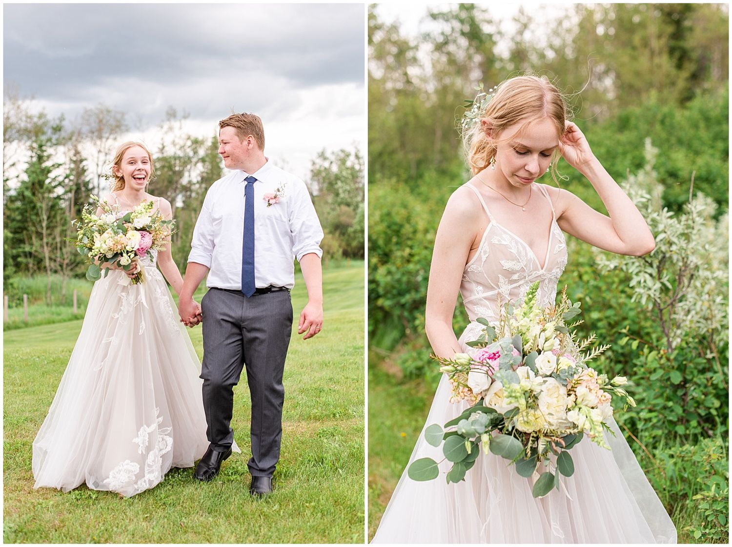 Bride and groom walk hand in hand outdoors as bride adjusts her hair holding a pastel floral bouquet.