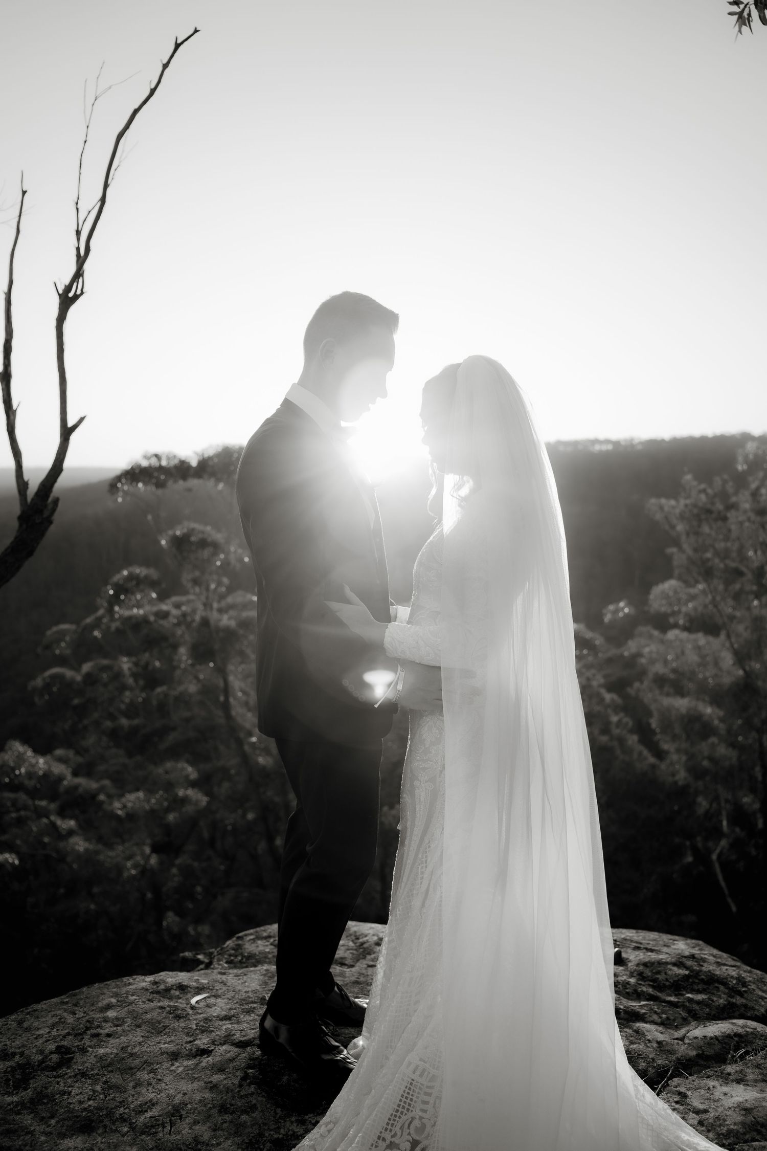 Black and white wedding photo of bride and groom silhouetted against bright sun on rocky overlook.