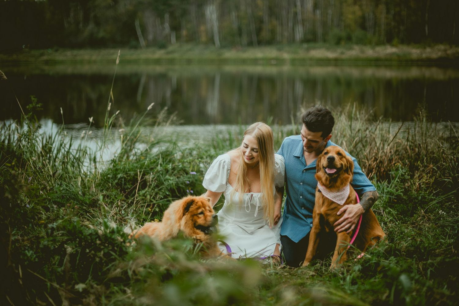 Couple sitting by a pond with two golden retrievers in lush green grass during an outdoor engagement session.