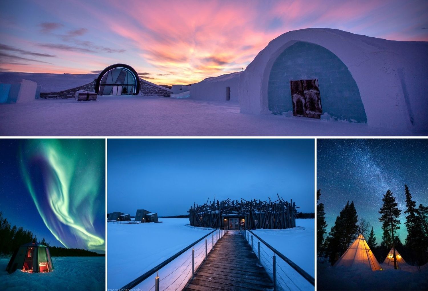 Snow-covered ICEHOTEL in Swedish Lapland at sunset with aurora borealis, starry skies, and Arctic wilderness views.