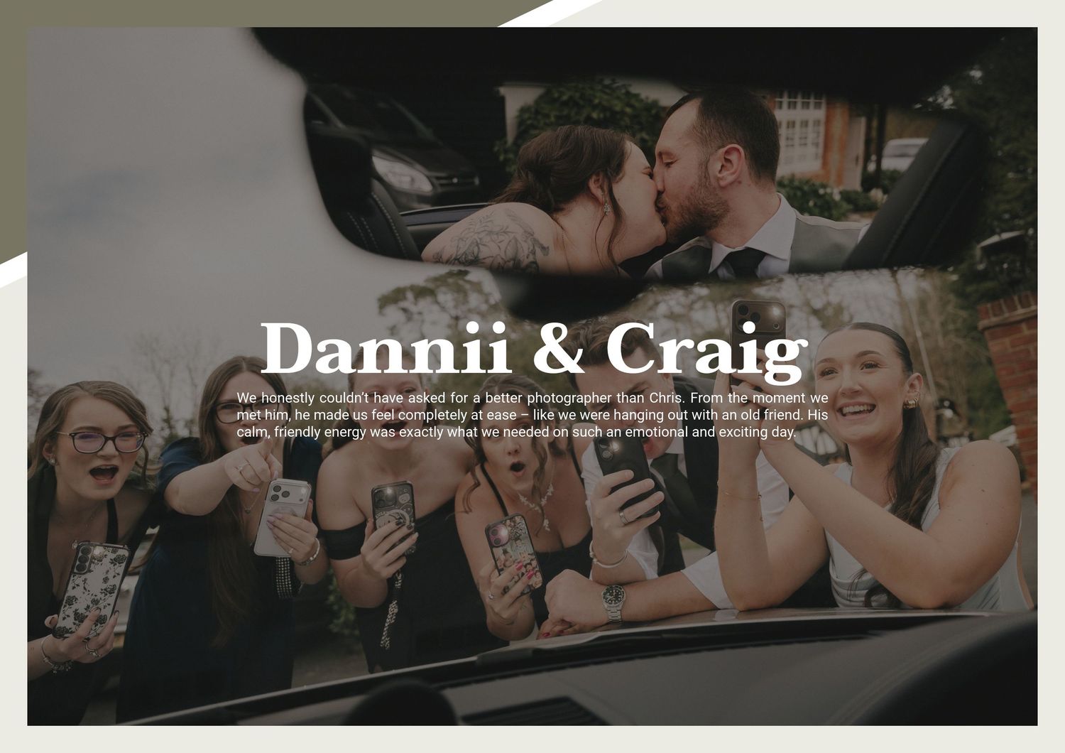 Dannii and Craig wedding photo with bride and groom kissing beside a car surrounded by cheering bridesmaids.
