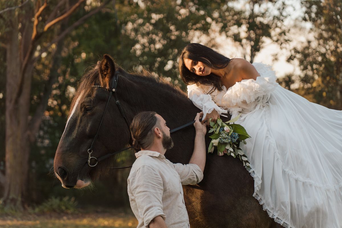 Bride in white gown sits on dark horse as groom holds reins in romantic outdoor wedding photo during a photoshoot with a horse in sydney nsw