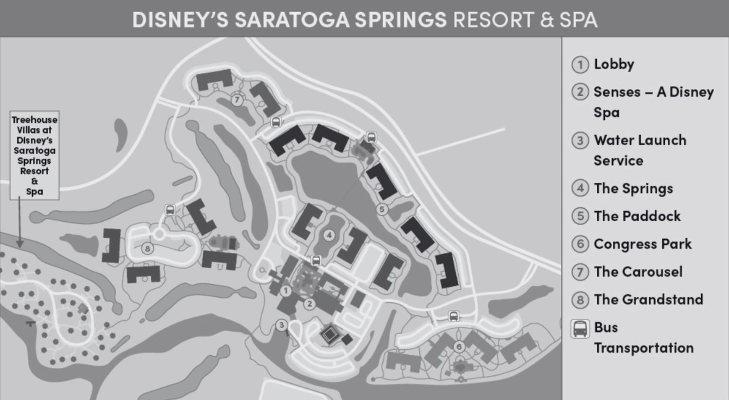 Map layout of Disney's Saratoga Springs Resort & Spa showing various amenities and buildings.