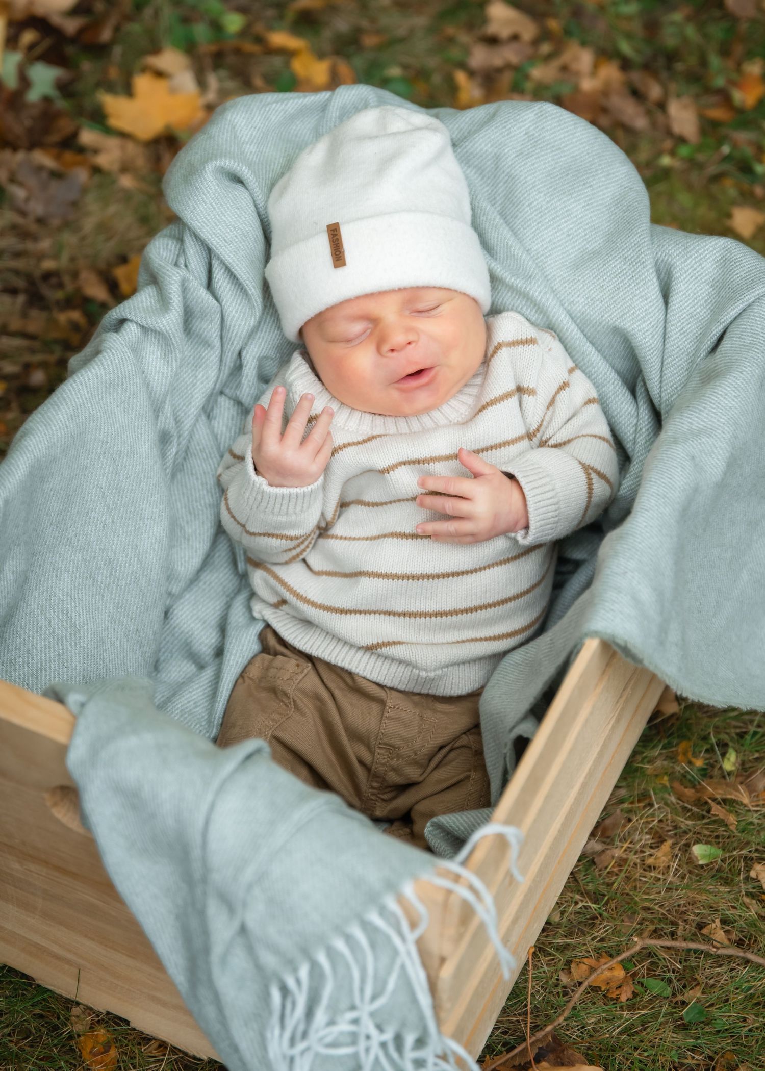 Newborn baby sleeping in a wooden crate with a light blue blanket outdoors among autumn leaves.
