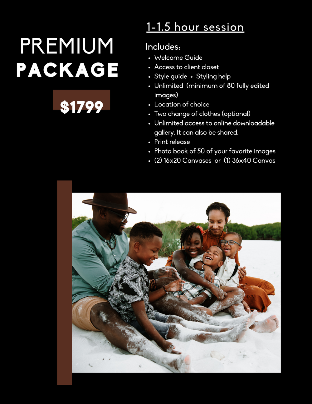Premium photography package flyer showing a joyful Black family with children laughing together on a beach, priced at $1799.