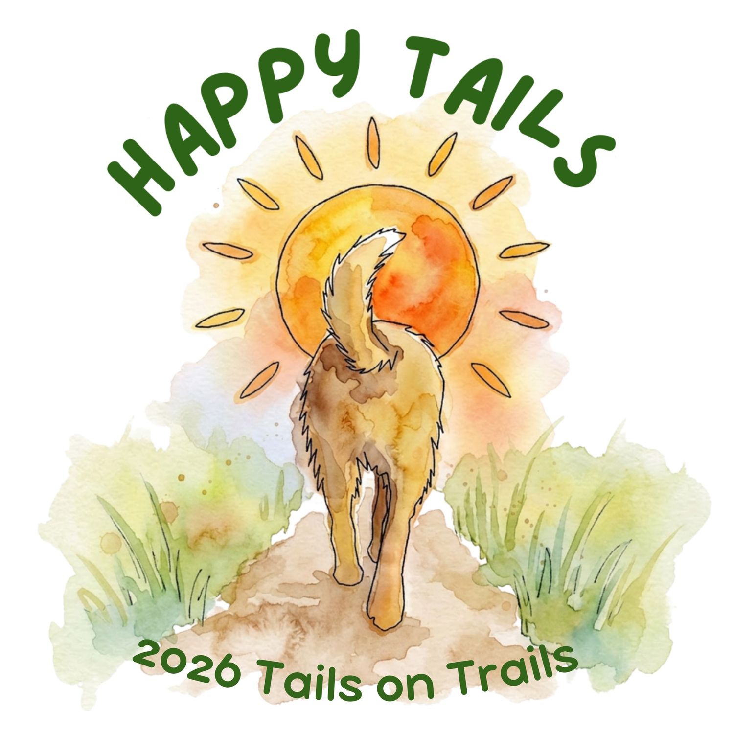Watercolor logo for Happy Tails 2026 Tails on Trails featuring a golden dog walking toward a bright sun.