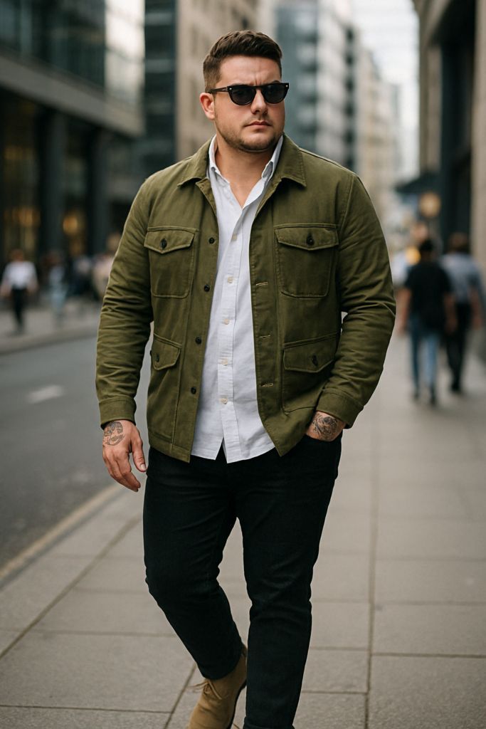 Man in olive jacket, white shirt, and black pants walking confidently on a city street.