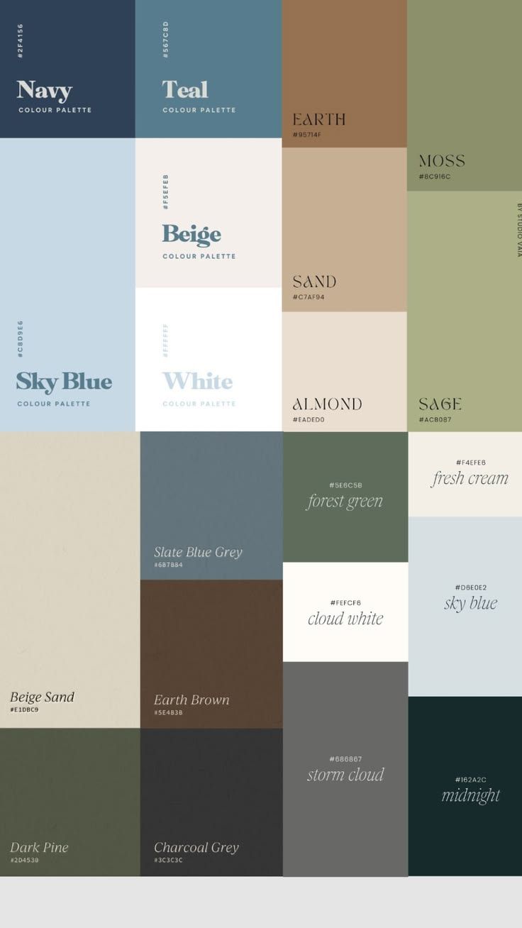 A curated color palette chart featuring nature-inspired hues including navy, teal, sage, earth tones, and muted blues.