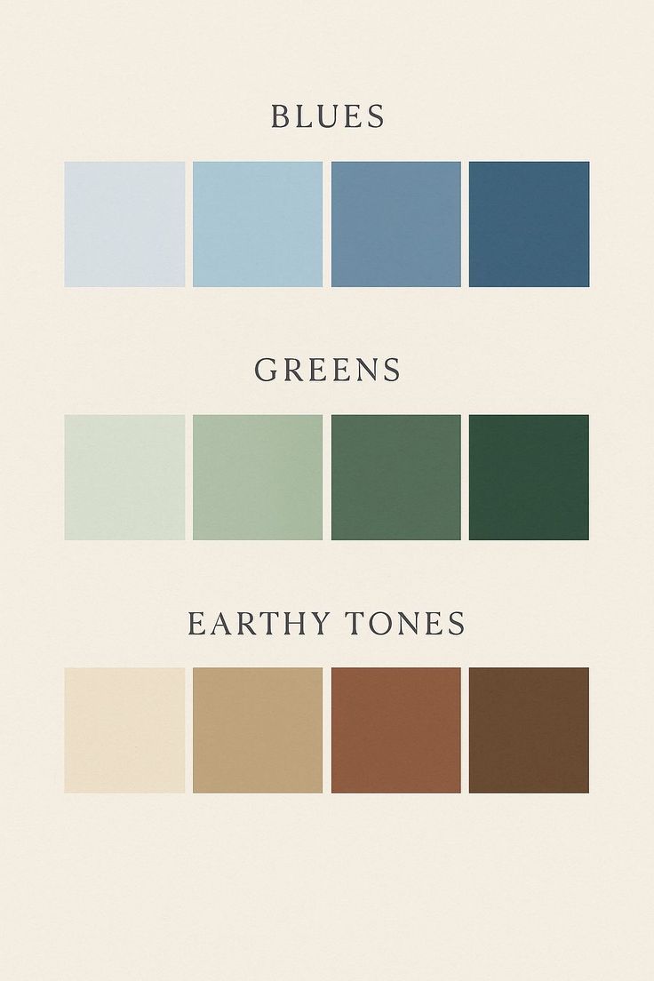 A color palette chart showing blues, greens, and earthy tones in four swatches each on a cream background.