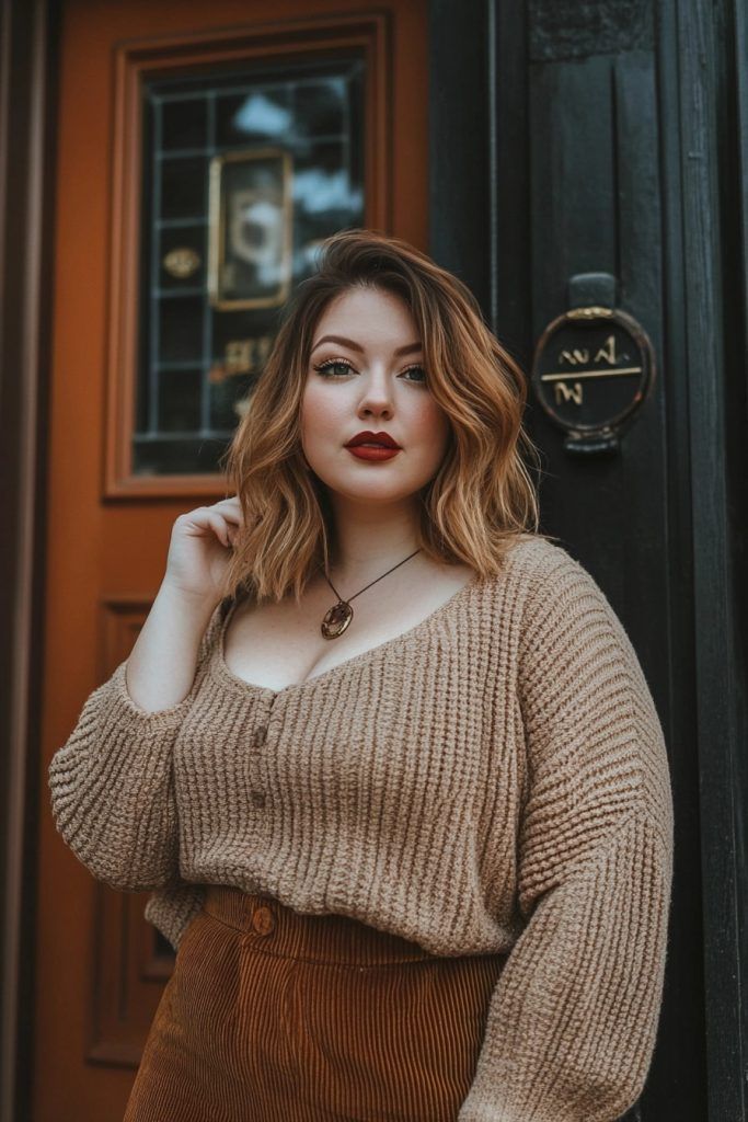 Woman in beige knit sweater and corduroy skirt posing before vintage doors with warm autumn styling.